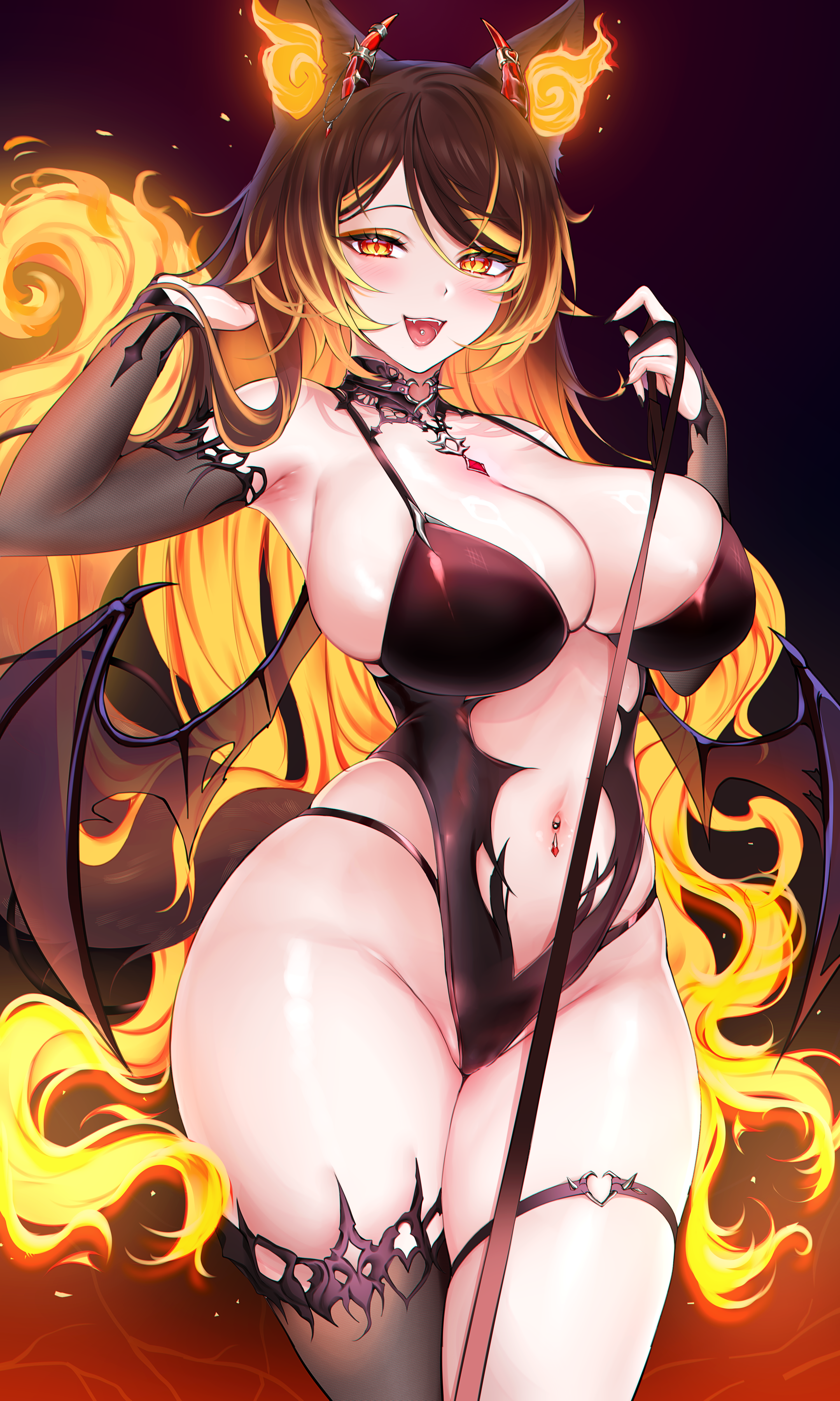 necrotenshi, sinder (vtuber), sinder (vtuber) (demon form), indie virtual youtuber, absurdres, commentary, english commentary, highres, 1girl, animal ears, black bridal gauntlets, breasts, bridal gauntlets, brown hair, cowboy shot, demon girl, demon horns, demon wings, fangs, fiery ears, fire, heart, heart o-ring, holding, holding leash, horns, large breasts, leash, long hair, looking at viewer, navel, navel piercing, o-ring, open mouth, orange eyes, piercing, pov, revealing clothes, single thighhigh, solo, stomach, thigh strap, thighhighs, thighs, tongue, very long hair, viewer on leash, virtual youtuber, wings, wolf ears, wolf girl
