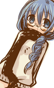 7010, lowres, 1girl, blue eyes, blue hair, blush, braid, female focus, glasses, looking at viewer, matching hair/eyes, scarf, simple background, solo, white background