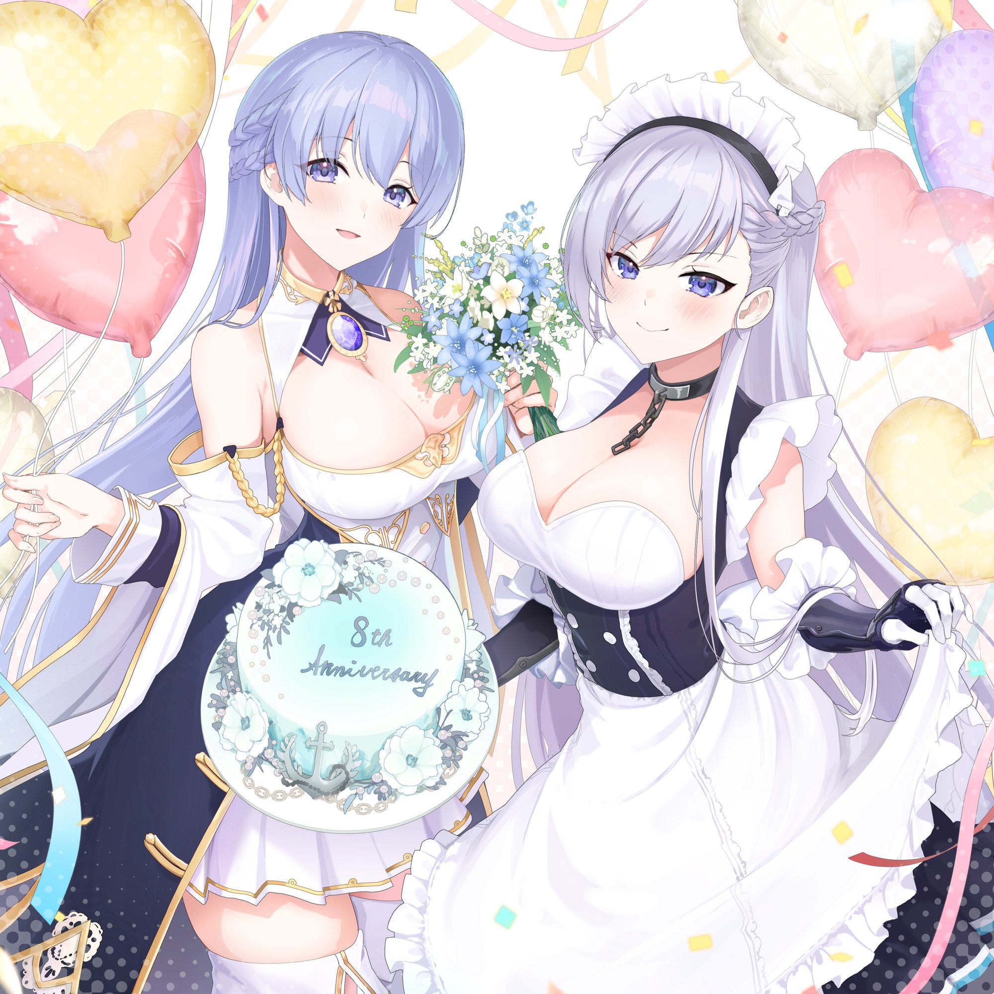 kyouya0514, belfast (azur lane), rodney (azur lane), azur lane, commentary request, highres, making-of available, 2girls, anniversary, apron, apron lift, balloon, bare shoulders, blue flower, blue ribbon, bouquet, braid, breasts, broken, broken chain, cake, chain, cleavage, clothes lift, coat, cowboy shot, detached collar, detached sleeves, flower, food, framed breasts, frilled apron, frilled gloves, frills, gem, gloves, gold trim, hair between eyes, half up braid, heart balloon, holding, holding bouquet, holding cake, holding food, large breasts, light smile, long hair, long sleeves, looking at viewer, maid, maid apron, maid headdress, miniskirt, multicolored coat, multiple girls, pink ribbon, pleated skirt, purple eyes, purple gemstone, purple hair, ribbon, skirt, thighhighs, two-tone coat, very long hair, white flower, white skirt, zettai ryouiki