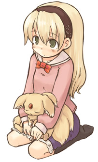 7010, lowres, animal, blonde hair, green eyes, hairband, long hair, socks