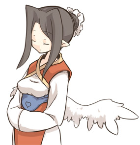 7010, lowres, black hair, closed eyes, japanese clothes, pointy ears, solo, wings