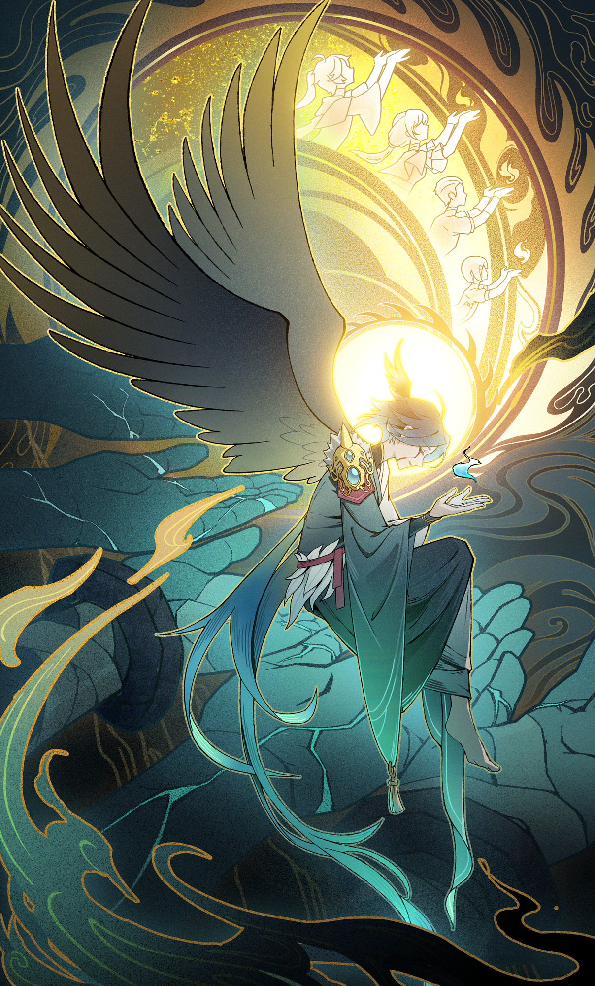 clear water, xiao (genshin impact), genshin impact, chinese commentary, highres, 1boy, alternate costume, aqua gemstone, aqua hair, armor, barefoot, black hair, black wings, blood, bloody tears, blue fire, closed eyes, cracked skin, cupping hands, disembodied hand, feathered wings, fire, from side, full body, fur trim, gem, glowing, gradient hair, green fire, green robe, head wings, knees up, male focus, multicolored hair, open hand, own hands together, parted bangs, parted lips, profile, red sash, robe, sash, short hair, shoulder armor, shoulder spikes, shrug (clothing), silhouette, solo, spikes, sun symbol, tassel, two-tone robe, white robe, wings