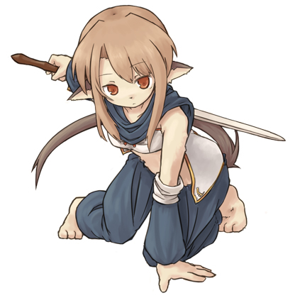 7010, lowres, 1girl, animal ears, barefoot, brown hair, feet, female focus, orange eyes, solo, sword, tail, toes, weapon