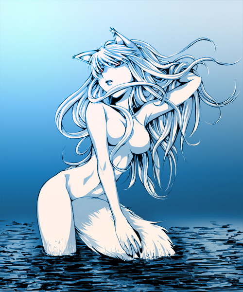 buchi (pixiv30168), holo, spice and wolf, bad id, bad pixiv id, 00s, 1girl, adjusting hair, animal ears, between thighs, blue theme, cowboy shot, female focus, long hair, monochrome, no nipples, nude, red eyes, solo, spot color, tail, thighs, wading, water, wolf ears, wolf tail