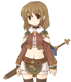 7010, fantasy earth zero, lowres, brown eyes, brown hair, collar, midriff, navel, solo, sword, thighhighs, weapon