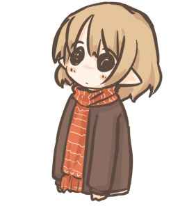 7010, lowres, brown hair, chibi, o o, pointy ears, scarf, solo