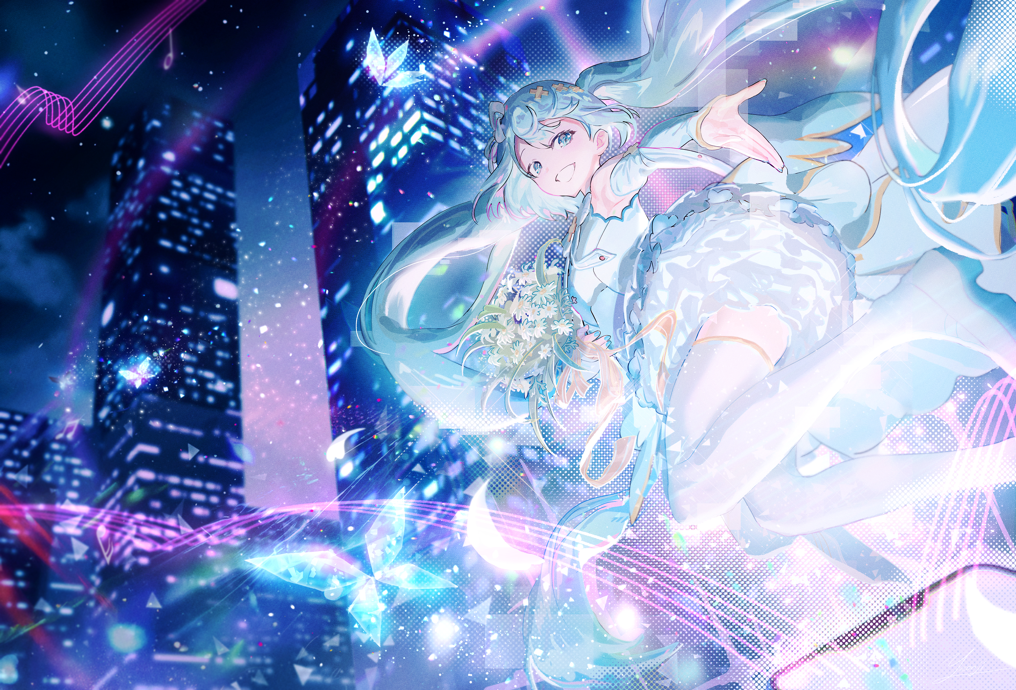yeonji, hatsune miku, hiramado miku, kowareta sekai to utaenai miku, project sekai, vocaloid, absurdres, highres, 1girl, aqua eyes, aqua hair, bow, building, detached sleeves, dress, gold trim, hair bow, hair ornament, long hair, looking at viewer, looking back, musical staff, night, night sky, open mouth, sky, sleeveless, sleeveless dress, smile, solo, thighhighs, white bow, white dress, white thighhighs, x hair ornament