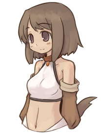 7010, fantasy earth zero, lowres, animal ears, brown eyes, brown hair, collar, midriff, navel, solo, tail