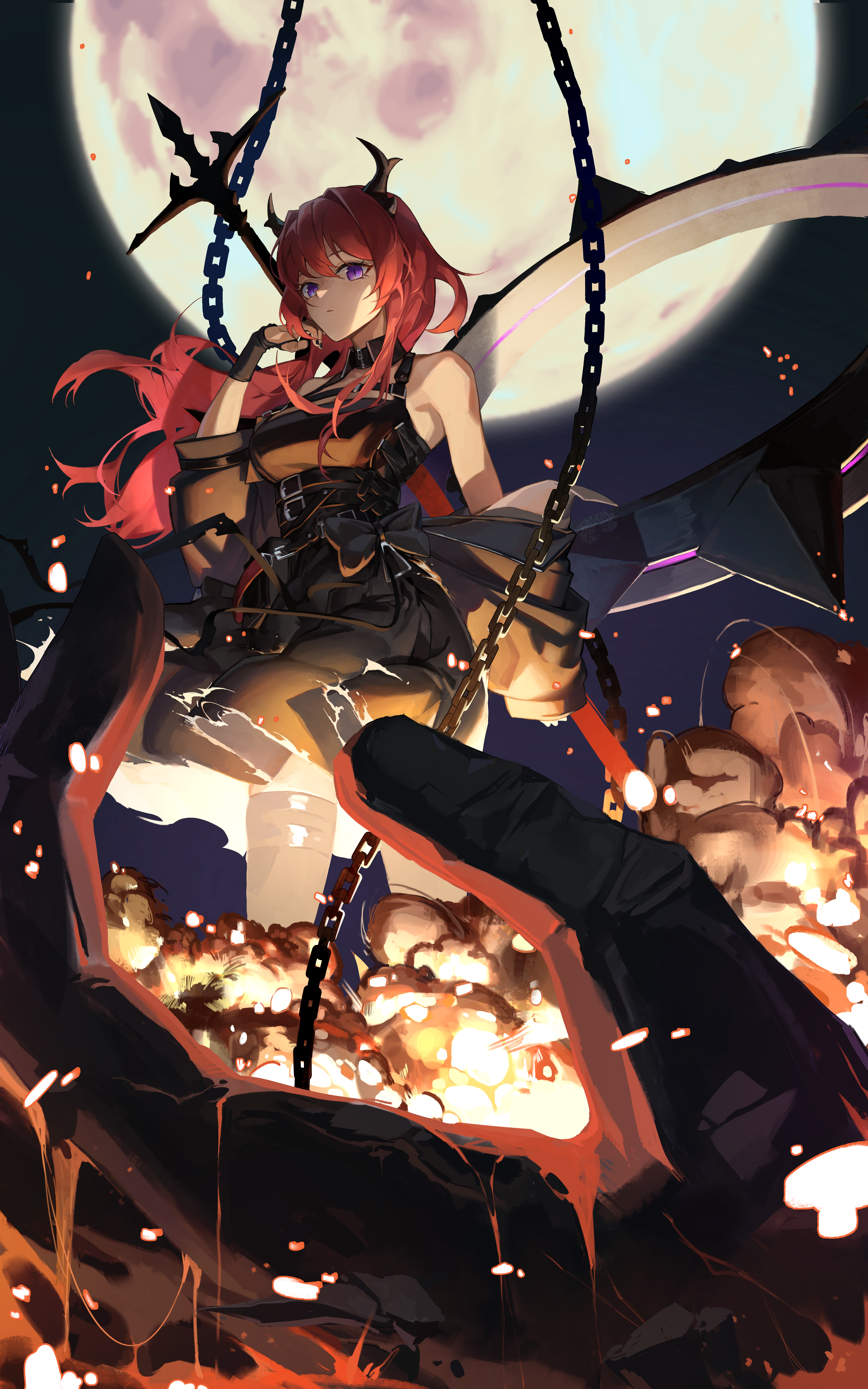 monky, surtr (arknights), arknights, absurdres, chinese commentary, commentary request, highres, weapon request, 1girl, arm support, bare shoulders, belt, black belt, black bow, black dress, black nails, bow, breasts, chain, closed mouth, detached collar, dress, embers, explosion, fingernails, floating hair, from below, frown, full moon, hair between eyes, head rest, horns, long hair, looking at viewer, medium breasts, moon, multiple belts, night, off shoulder, outdoors, pov, pov hands, purple eyes, red hair, slit pupils, solo focus, standing