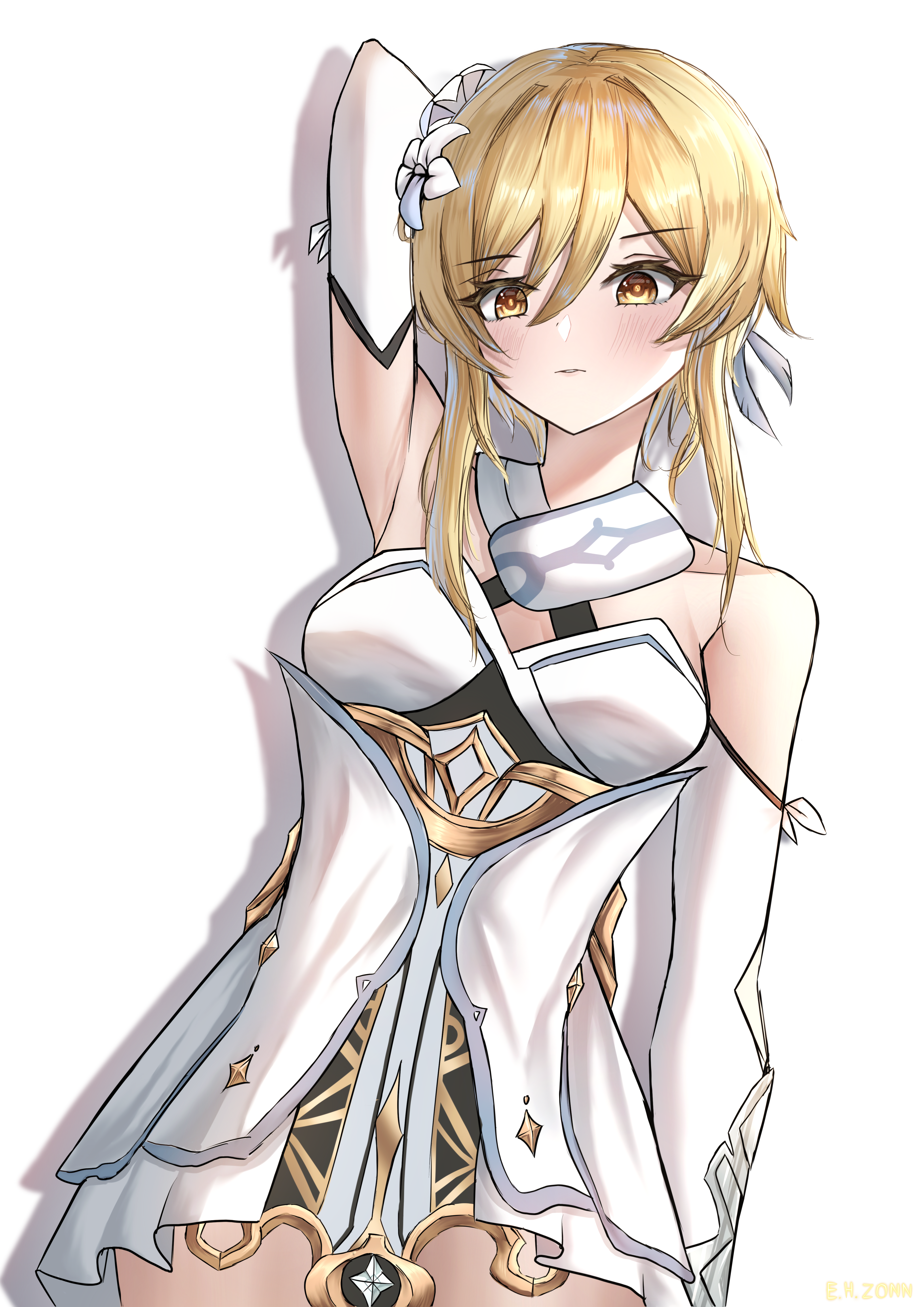 lumine (genshin impact), genshin impact, absurdres, highres, 1girl, blonde hair, blush, breasts, closed mouth, detached sleeves, dress, e.h.zonn, flower, hair between eyes, hair flower, hair ornament, short hair with long locks, sidelocks, white background, white dress, white flower, yellow eyes