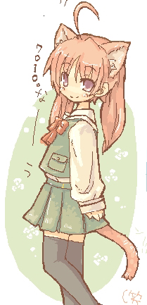 7010, lowres, ahoge, animal ears, orange hair, school uniform, serafuku, split mouth, tail, thighhighs, zettai ryouiki