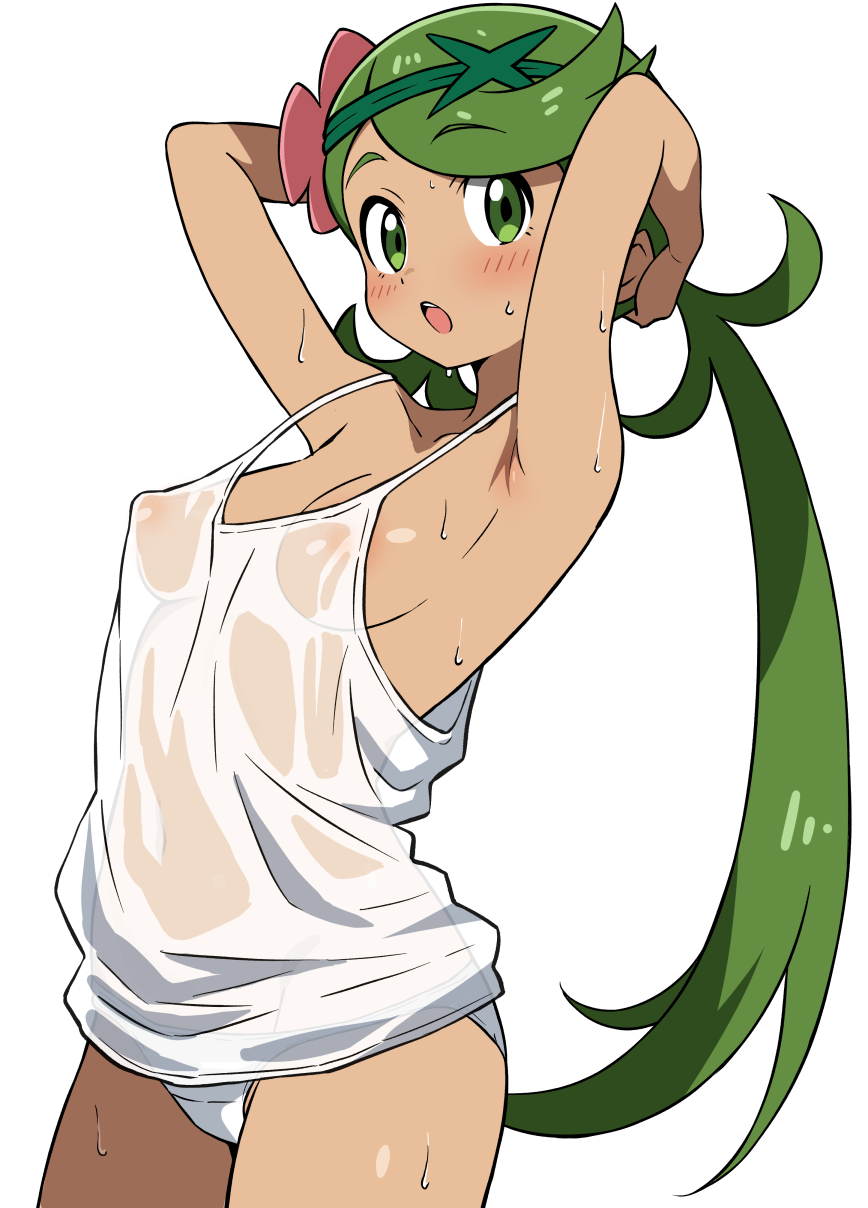 ecgg (tsuji418477), mallow (pokemon), nintendo, pokemon, pokemon sm, highres, 1girl, arms behind head, breasts, covered erect nipples, dark-skinned female, dark skin, green eyes, green hair, long hair, looking at viewer, low twintails, medium breasts, panties, see-through clothes, simple background, solo, sweat, tank top, twintails, underwear, white background, white panties, white tank top