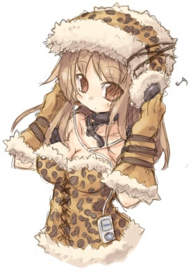 7010, lowres, 1girl, breasts, brown eyes, brown hair, choker, cleavage, digital media player, female focus, gloves, headphones, ipod, ipod classic, large breasts, solo
