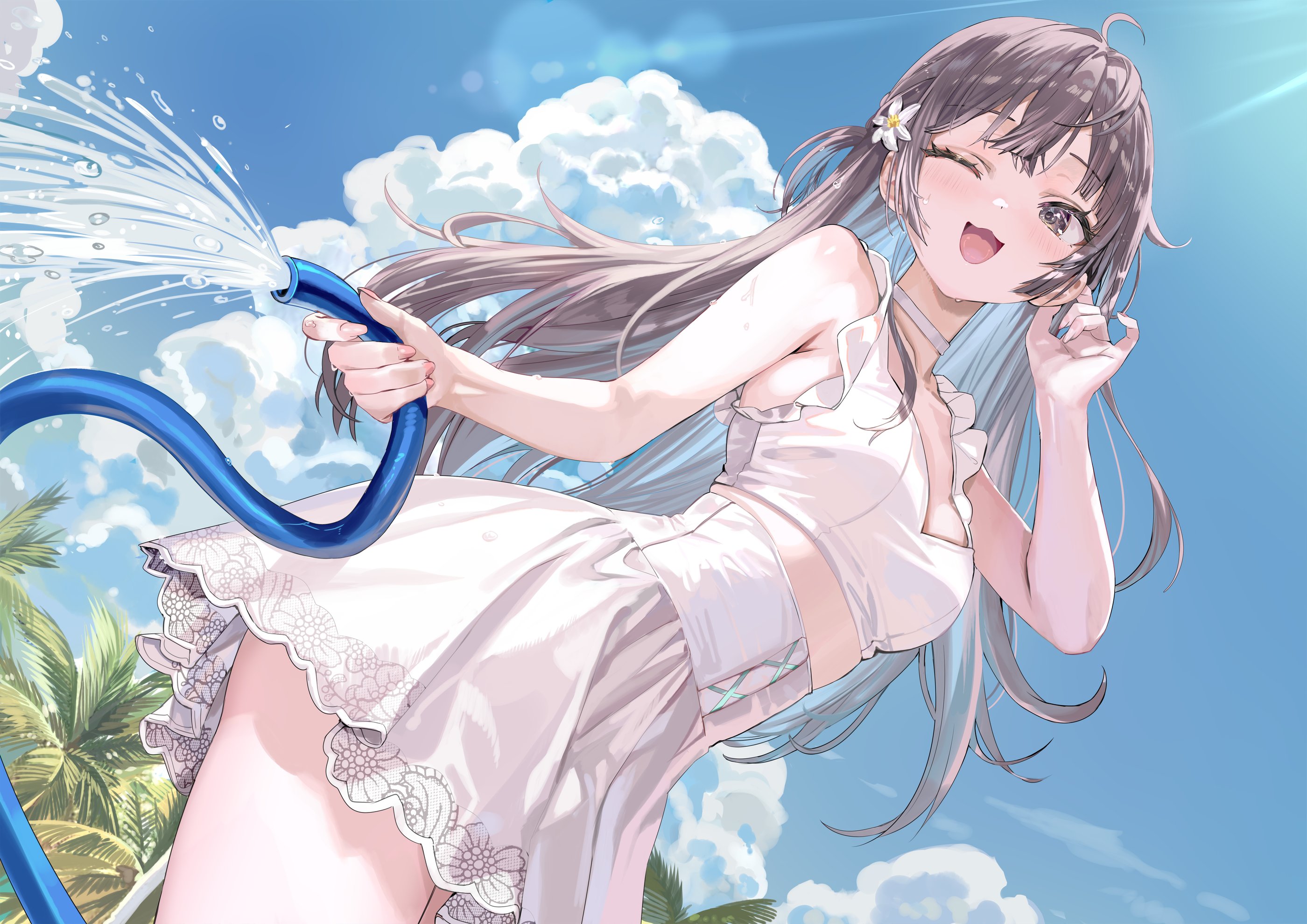momoko (momopoco), suou yuki, tokidoki bosotto roshia-go de dereru tonari no alya-san, commentary, highres, 1girl, bare shoulders, blue sky, breasts, cloud, colored inner hair, floating hair, hair ornament, holding, long hair, midriff, multicolored hair, one eye closed, open mouth, shirt, skirt, sky, smile, solo, standing, very long hair, water, white shirt, white skirt