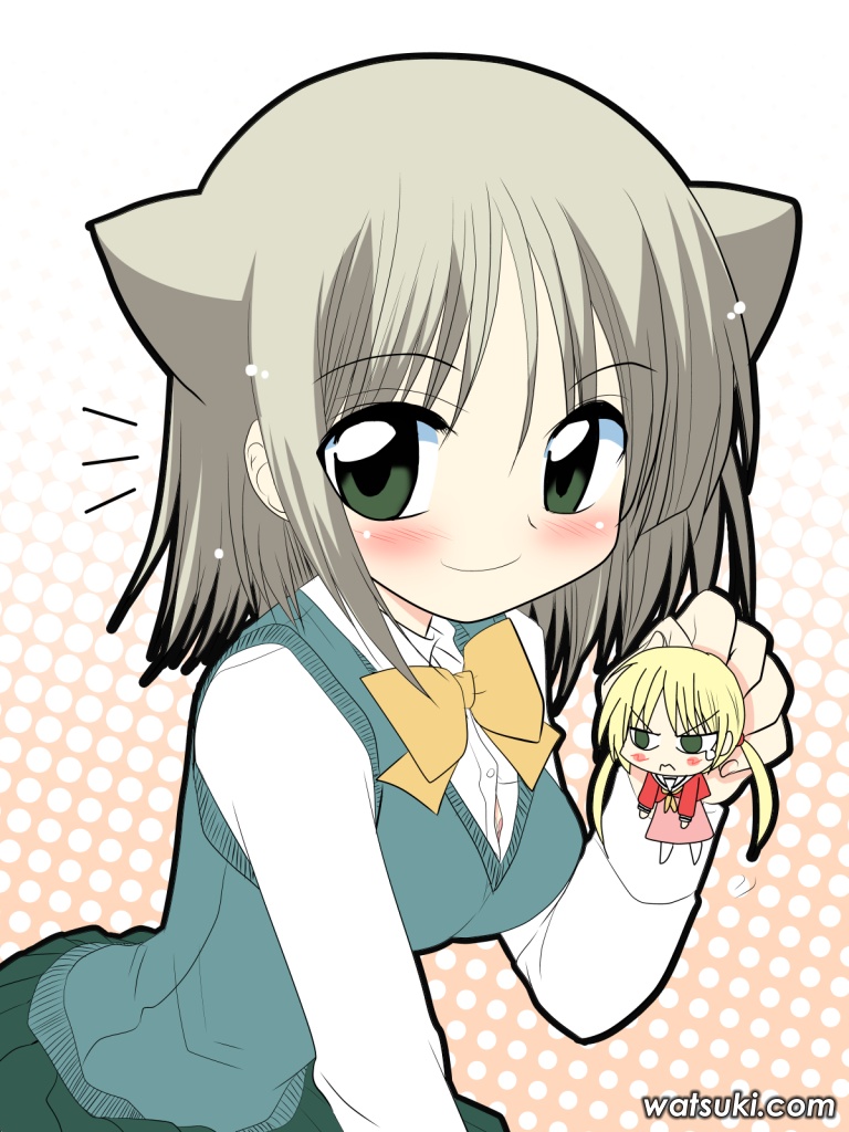 watsuki ayamo, aizawa sakuya, sanzen'in nagi, hayate no gotoku!, 00s, 2girls, animal ears, blonde hair, blush, cat ears, chibi, frown, green eyes, grey hair, holding, long sleeves, mini person, minigirl, multiple girls, pink skirt, school uniform, serafuku, shirt, skirt, smile, sweater vest, tears, twintails, watermark, web address, white shirt