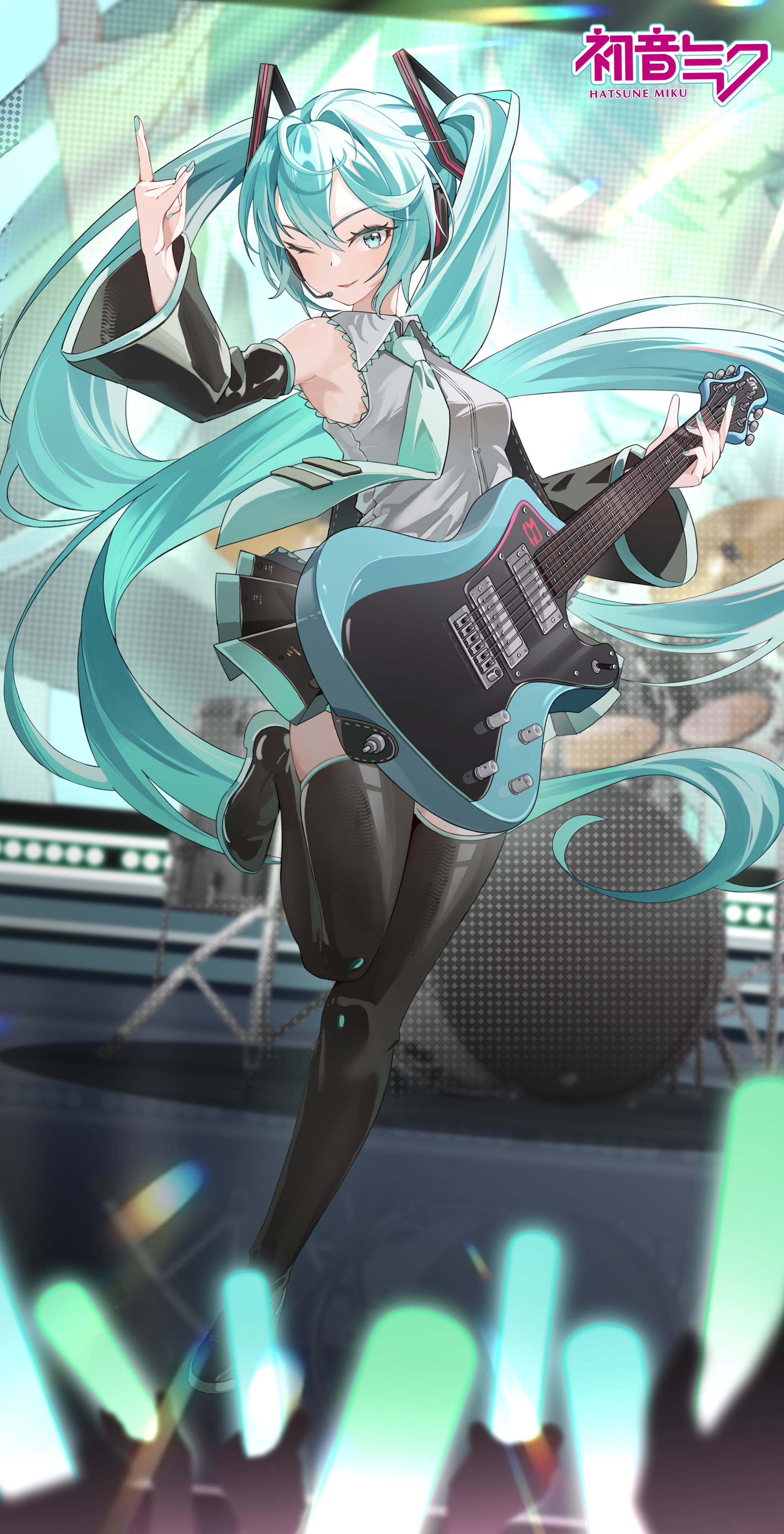 dowal, hatsune miku, vocaloid, absurdres, highres, 1girl, n/, aqua eyes, aqua hair, aqua nails, aqua necktie, aqua trim, armpits, black skirt, boots, breasts, character name, collared shirt, electric guitar, full body, grey shirt, guitar, hair between eyes, hair ornament, holding, holding guitar, holding instrument, instrument, long hair, medium breasts, miniskirt, necktie, one eye closed, pleated skirt, shirt, skirt, sleeveless, sleeveless shirt, smile, solo, standing, standing on one leg, thigh boots, twintails, very long hair
