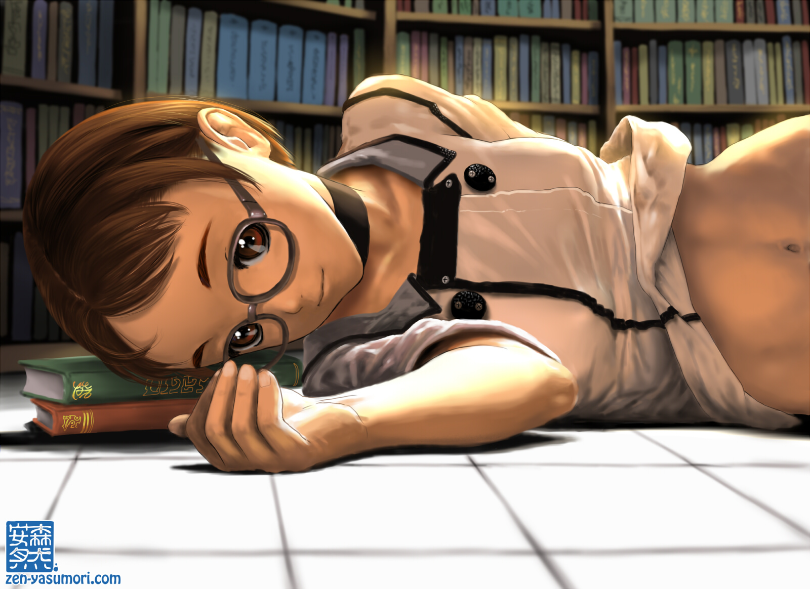 yasumori zen, original, highres, 1girl, book, bookshelf, brown eyes, brown hair, choker, clothes lift, collarbone, glasses, glowing, lying, navel, on floor, on side, shirt lift, short hair