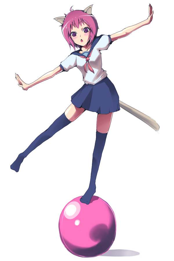 kasai shin, original, 1girl, animal ears, balancing, cat ears, cat tail, female focus, full body, purple eyes, purple hair, school uniform, serafuku, short hair, simple background, solo, standing, standing on one leg, tail, thighhighs