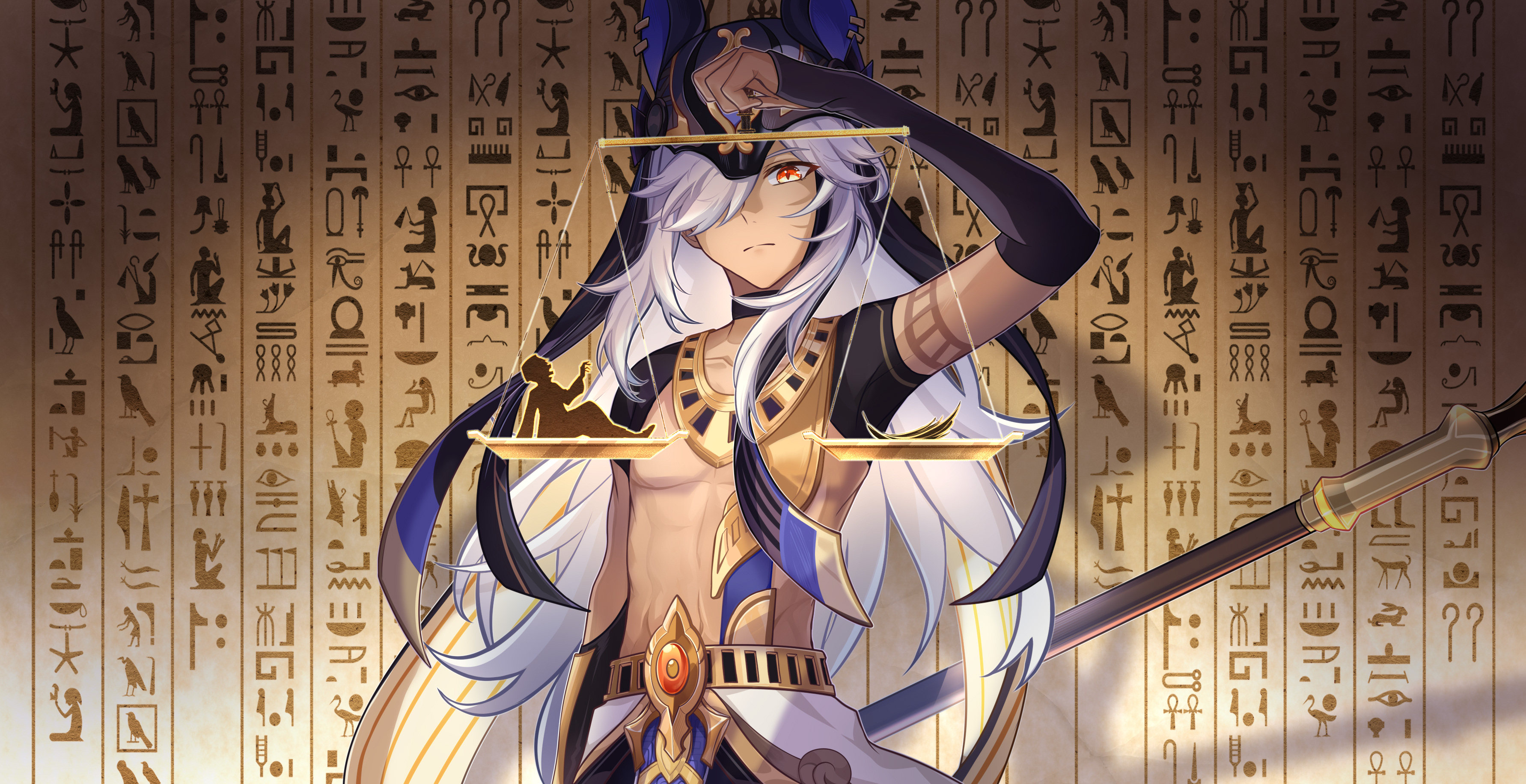 fishinthetea, cyno (genshin impact), genshin impact, absurdres, hashtag-only commentary, highres, 1boy, ancient egyptian clothes, animal ears, animal hat, arm at side, balance scale, black arm warmers, black feathers, black hat, black sleeves, brown background, chest guard, closed mouth, dark-skinned male, dark skin, expressionless, facing viewer, feathers, gold belt, hair between eyes, hair over one eye, hand up, hat, hat flaps, hieroglyphics, holding, holding polearm, holding scale, holding weapon, jackal ears, long hair, looking at another, male focus, mini person, miniboy, polearm, red eyes, shadow, shendyt, short sleeves, shrug (clothing), silhouette, size difference, solo, toned, toned male, topless male, upper body, usekh collar, weapon, weighing scale, white hair