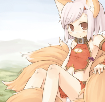 7010, silver hair, lowres, animal ears, brown eyes, cleavage cutout, clothing cutout, collar, fox ears, fox tail, midriff, panties, solo, tail, underwear, white panties