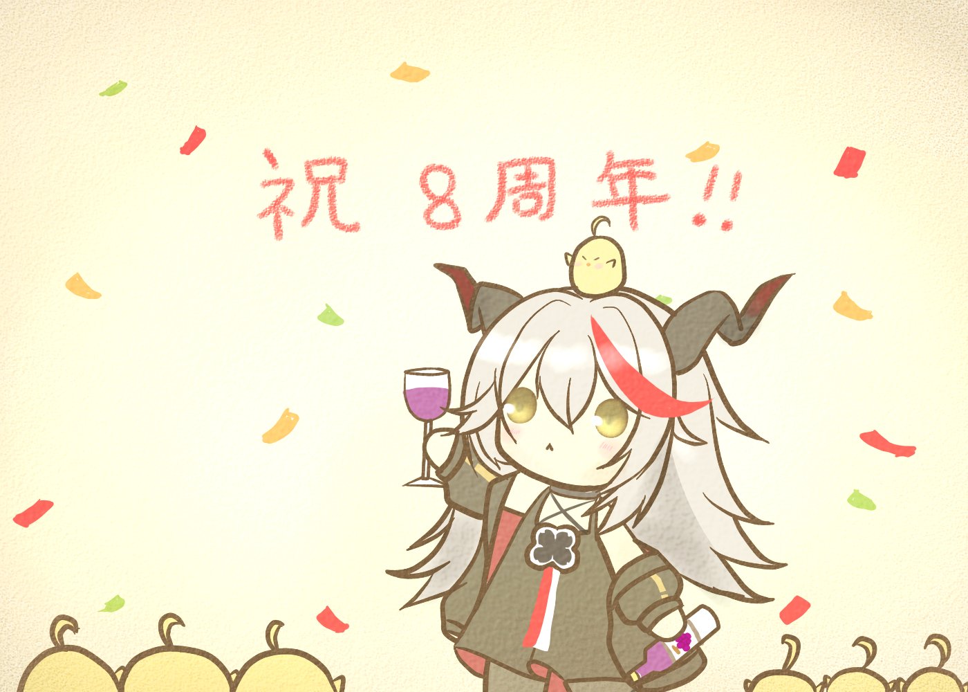 koti, little aegir (azur lane), manjuu (azur lane), azur lane, commentary request, translation request, 1girl, animal, animal on head, arm up, bare shoulders, black dress, black horns, black pantyhose, bottle, chibi, chibi only, confetti, cup, dress, frown, grape juice, grey hair, hair between eyes, holding, holding bottle, holding cup, horns, juice, long hair, multicolored hair, on head, pantyhose, red streaks, simple background, solo, streaked hair, two-tone hair, yellow background, yellow eyes