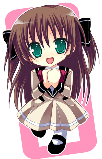kannon ouji, amatsuka haruka, baby princess, 10s, 1girl, blush, bow, bowtie, brown dress, brown hair, chibi, dress, female focus, full body, green eyes, hair bow, long hair, long sleeves, looking at viewer, mary janes, red bow, red bowtie, shoes, simple background, solo, standing, very long hair, white background