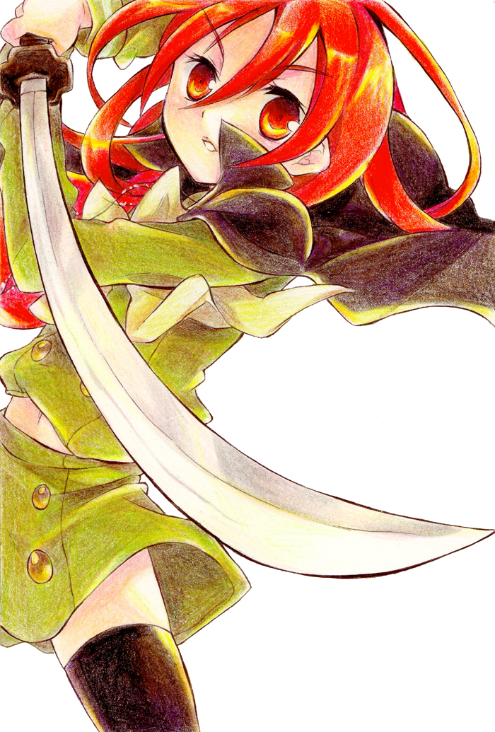tachitsu teto, shana, shakugan no shana, colored pencil (medium), traditional media, 00s, 1girl, cape, female focus, katana, long hair, red eyes, red hair, school uniform, solo, sword, thighhighs, weapon