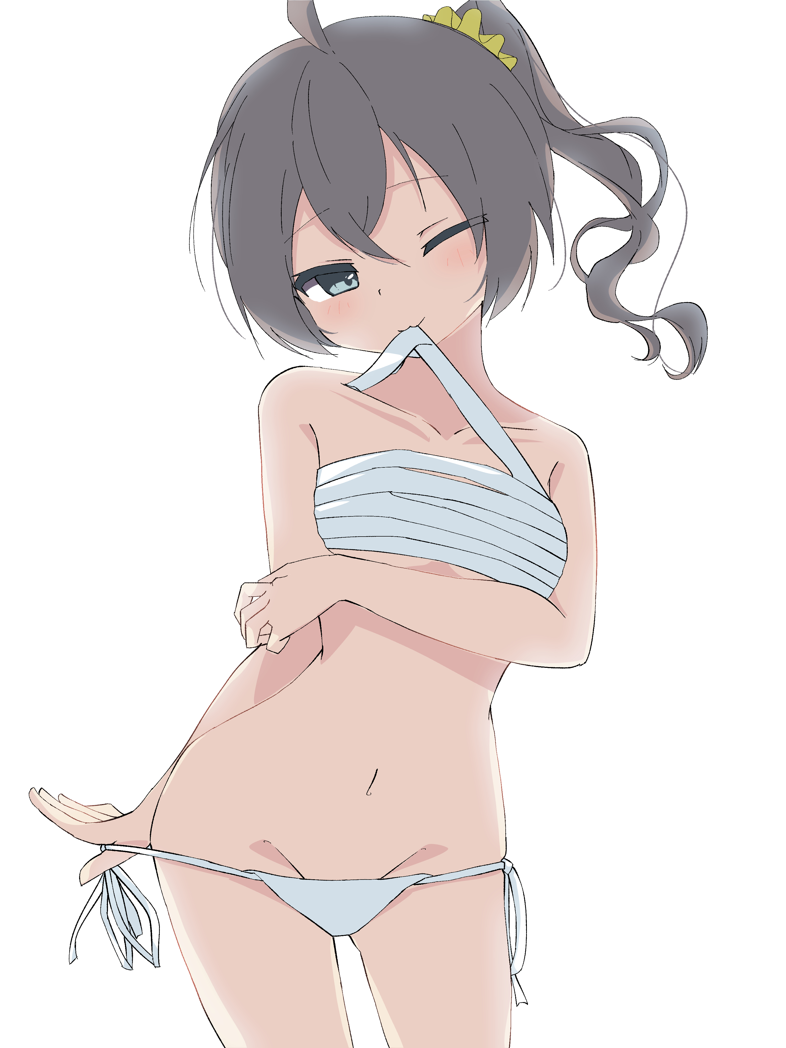 shirayuki (snow link), natsuiro matsuri, absurdres, highres, bandaged chest, brown hair, collarbone, green eyes, hair ornament, hair scrunchie, mouth hold, navel, one eye closed, panties, pulling own clothes, ribbon, ribbon in mouth, scrunchie, side ponytail, simple background, underwear, virtual youtuber, white background, white panties