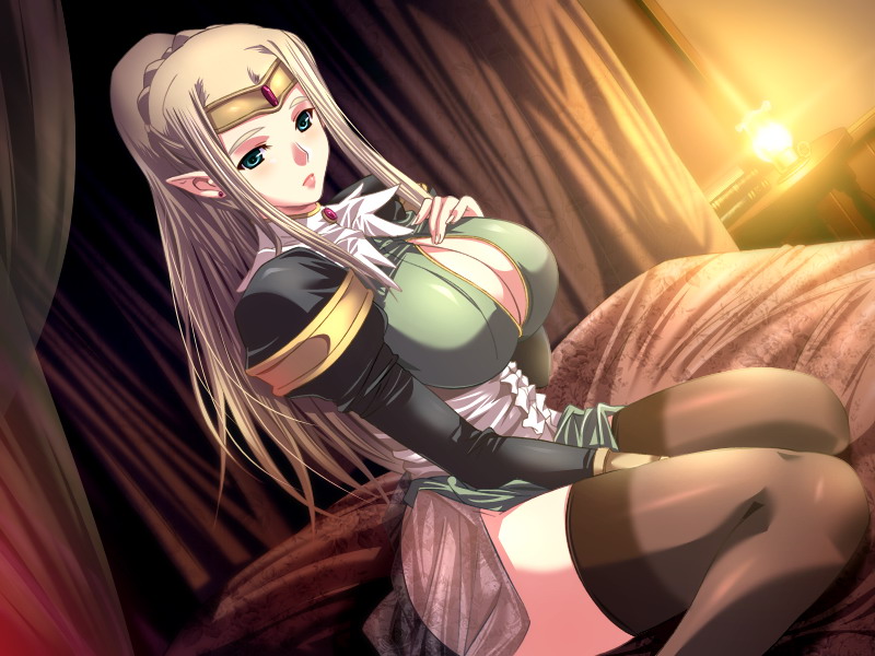 m&m, eleanor (toriko no hime), toriko no hime, game cg, 1girl, breasts, brown hair, center opening, cleavage, elf, female focus, green eyes, huge breasts, large breasts, legs, long hair, pointy ears, solo, thighhighs, thighs