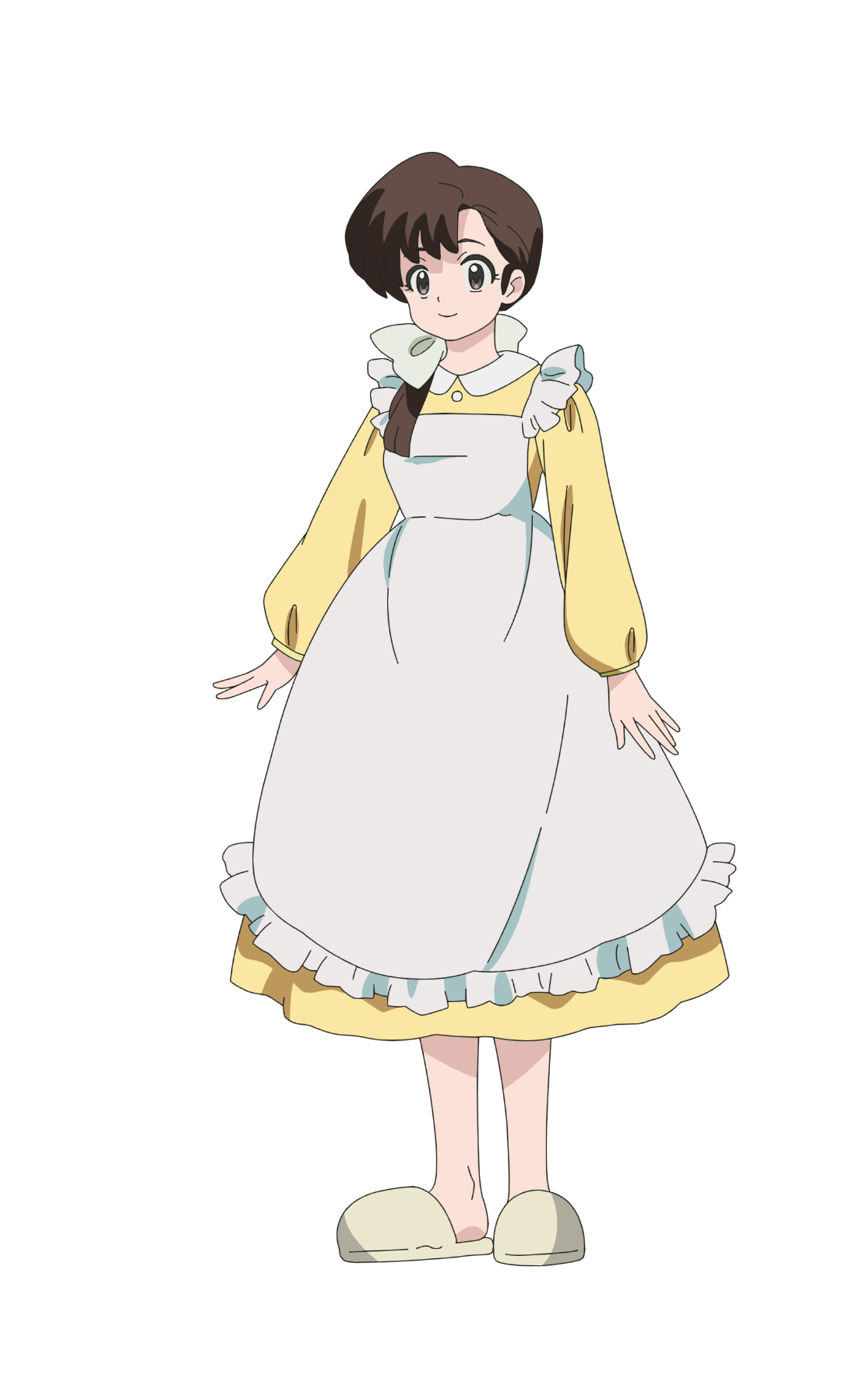 taniguchi hiromi, tendou kasumi, ranma 1/2, highres, official art, 1girl, anime coloring, apron, asymmetrical bangs, bow, breasts, brown eyes, brown hair, closed mouth, collared dress, dress, frilled apron, frills, full body, hair behind ear, hair bow, hair over shoulder, long dress, long hair, long sleeves, looking at viewer, medium breasts, open hands, outstretched arms, ponytail, shirt, simple background, slippers, smile, solo, standing, tachi-e, transparent background, white apron, white bow, yellow dress