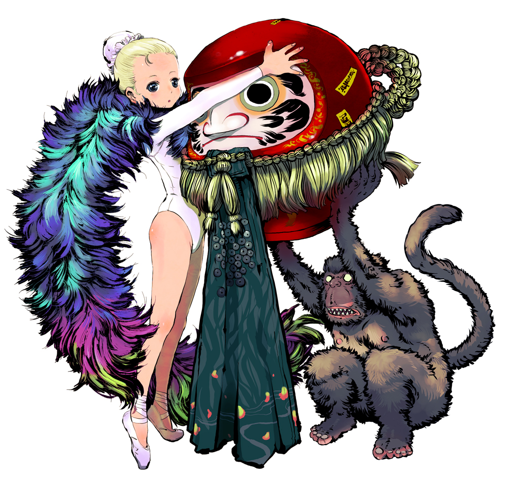 nagasawa shin, original, bad id, bad pixiv id, 1girl, :o, ballerina, ballet slippers, blonde hair, blue eyes, blush, child, daruma doll, doll, feather boa, feathers, footwear ribbon, leotard, monkey, scarf, solo focus
