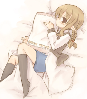 7010, lowres, bed, braid, brown eyes, brown hair, feet, kneehighs, pillow, pointy ears, socks, twin braids