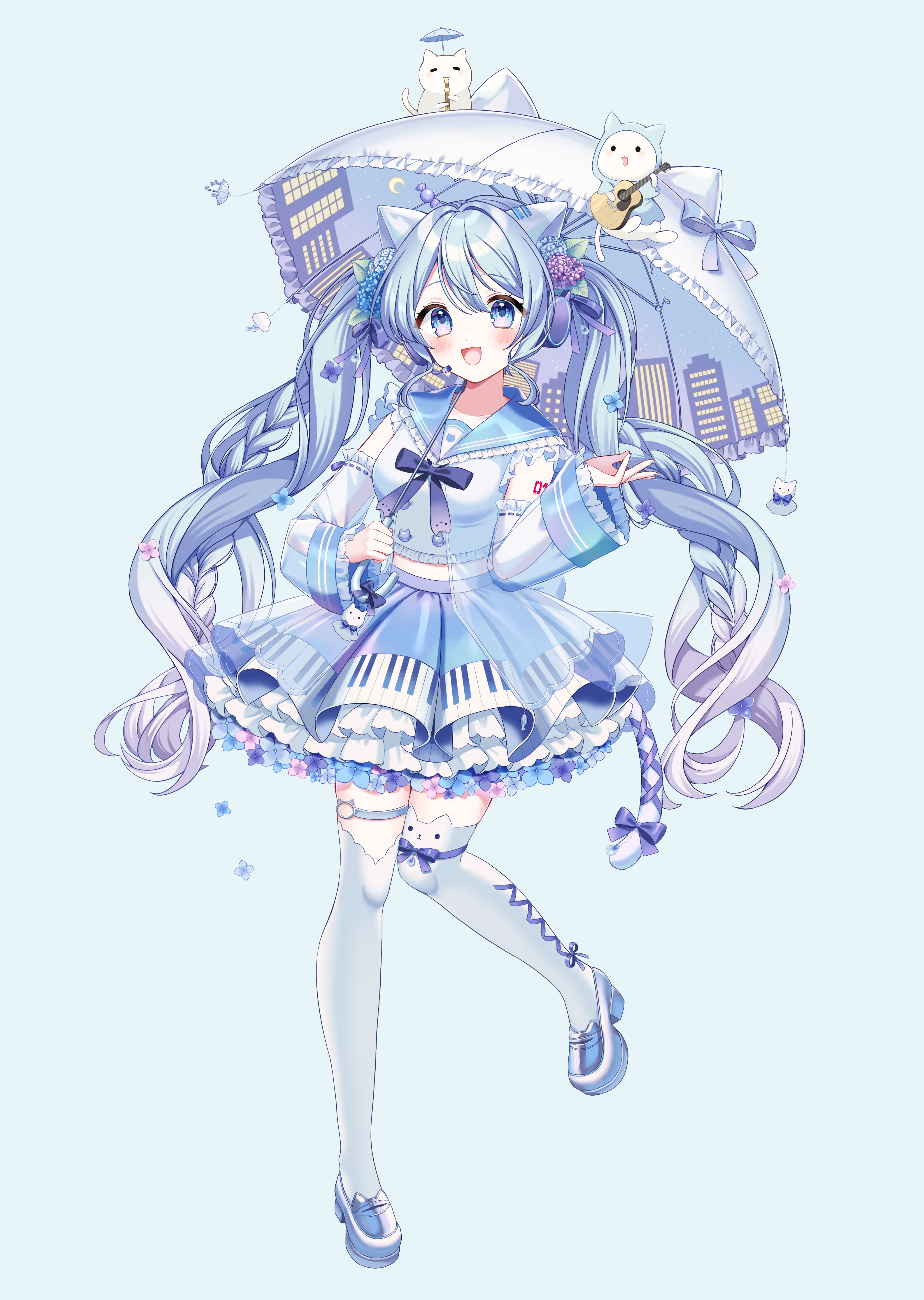 kompeitou (lemon garden), hatsune miku, vocaloid, absurdres, commentary request, highres, 1girl, :d, animal ears, bare shoulders, blue eyes, blue hair, blue ribbon, blue sailor collar, blue shirt, blue shoes, blue skirt, blush, braid, breasts, cat ears, cat girl, cat tail, detached sleeves, flower, frilled sailor collar, frilled skirt, frilled sleeves, frilled umbrella, frills, full body, gradient hair, hair flower, hair ornament, headset, holding, holding umbrella, hydrangea, kemonomimi mode, long hair, long sleeves, looking at viewer, medium breasts, multicolored hair, number tattoo, open mouth, ribbon, sailor collar, see-through clothes, see-through sleeves, shirt, shoes, shoulder tattoo, simple background, skirt, smile, solo, standing, standing on one leg, tail, tattoo, thighhighs, twin braids, umbrella, very long hair, white hair, white sleeves, white thighhighs, white umbrella
