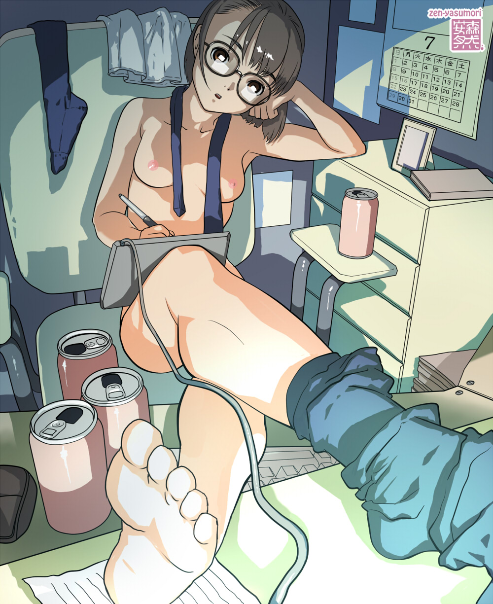 yasumori zen, original, highres, 1girl, armpits, barefoot, breasts, calendar (object), can, casual nudity, computer, computer keyboard, drawing tablet, drink, drink can, feet, female focus, foot focus, foreshortening, fujoshi, glasses, head rest, legs, lingerie, looking at viewer, nipples, no bra, nude, nude in front of computer, nudist, short hair, sitting, socks, soda can, soles, solo, underwear