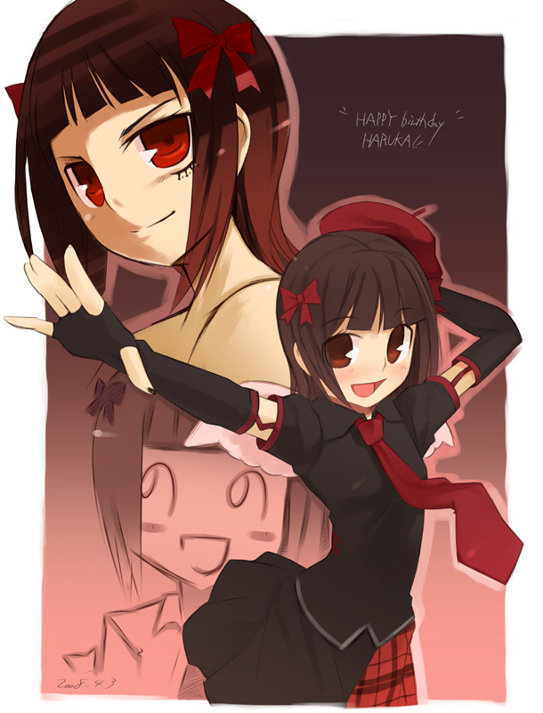 noripachi, amami haruka, dark haruka, nonowa, idolmaster, idolmaster (classic), 00s, 3girls, :d, blunt bangs, border, bow, brown hair, cowboy shot, detached sleeves, hair bow, long sleeves, looking at viewer, military, military uniform, multiple girls, necktie, open mouth, punkish gothic, red bow, red necktie, short hair, sidelocks, smile