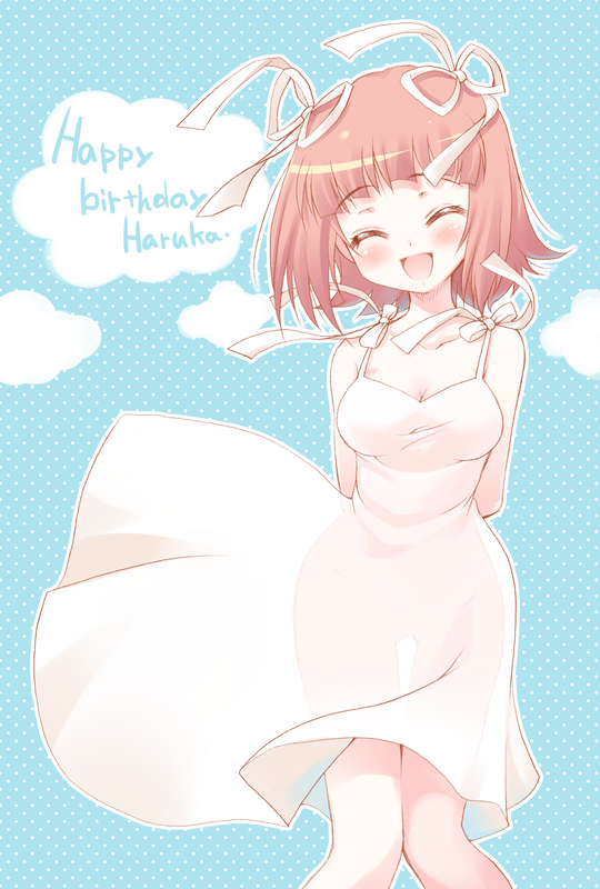 komi zumiko, amami haruka, idolmaster, idolmaster (classic), idolmaster 1, bad id, bad pixiv id, 00s, closed eyes, dress, pink hair, short hair, solo, wind
