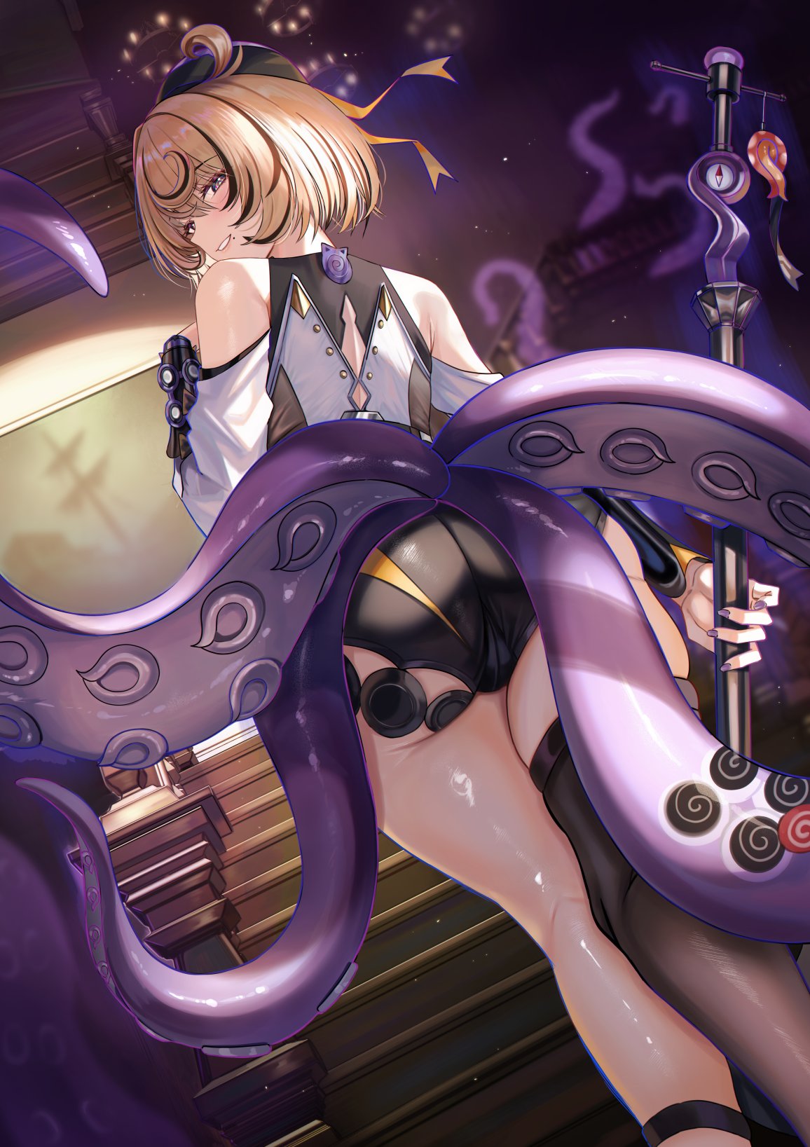 nicky w, yidhari (zenless zone zero), zenless zone zero, highres, 1girl, ass, asymmetrical shorts, black hat, blonde hair, cameltoe, hammer, hat, high-waist shorts, mole, mole under mouth, monster girl, short sleeves, shorts, single thighhigh, tentacle tail, tentacles, thighhighs, weapon