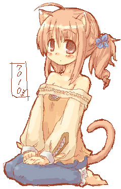 7010, lowres, 1girl, ahoge, animal ears, bare shoulders, barefoot, blush, brown eyes, brown hair, female focus, kneeling, oekaki, ponytail, sitting, solo, tail, v arms, wariza