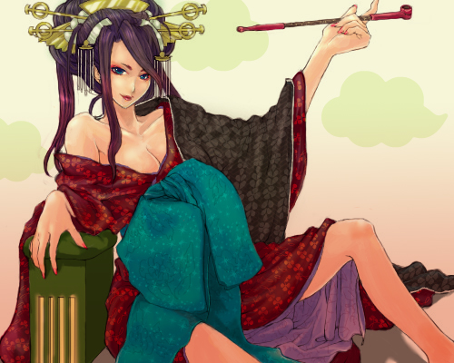buchi (pixiv30168), original, lowres, 1girl, bare shoulders, blue eyes, breasts, cleavage, eyeshadow, female focus, hair ornament, holding, holding smoking pipe, japanese clothes, kanzashi, kimono, kiseru, lipstick, long hair, makeup, medium breasts, nail polish, off shoulder, pink nails, smoking pipe, solo, yuujo