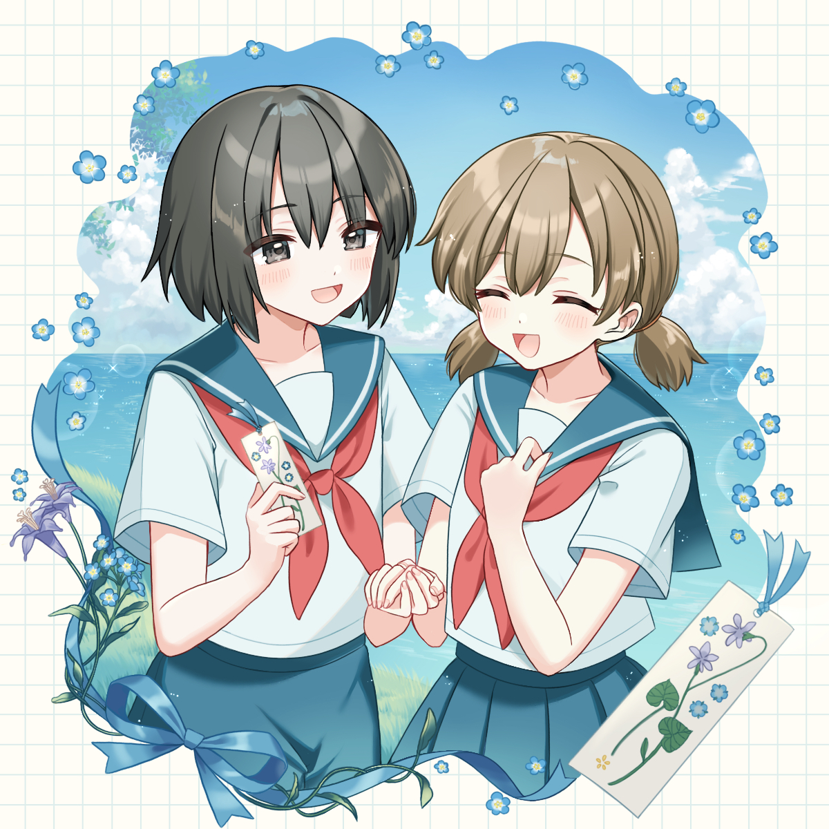kompeitou (lemon garden), character request, commentary request, highres, 2girls, :d, black eyes, black hair, blue sailor collar, blue skirt, blue sky, blush, brown hair, closed eyes, cloud, cocoon ~aru natsu no shoujo-tachi yori~, cowboy shot, day, holding hands, low twintails, multiple girls, neckerchief, open mouth, outdoors, pleated skirt, red neckerchief, sailor collar, school uniform, serafuku, shirt, short hair, short sleeves, short twintails, skirt, sky, smile, twintails, white shirt
