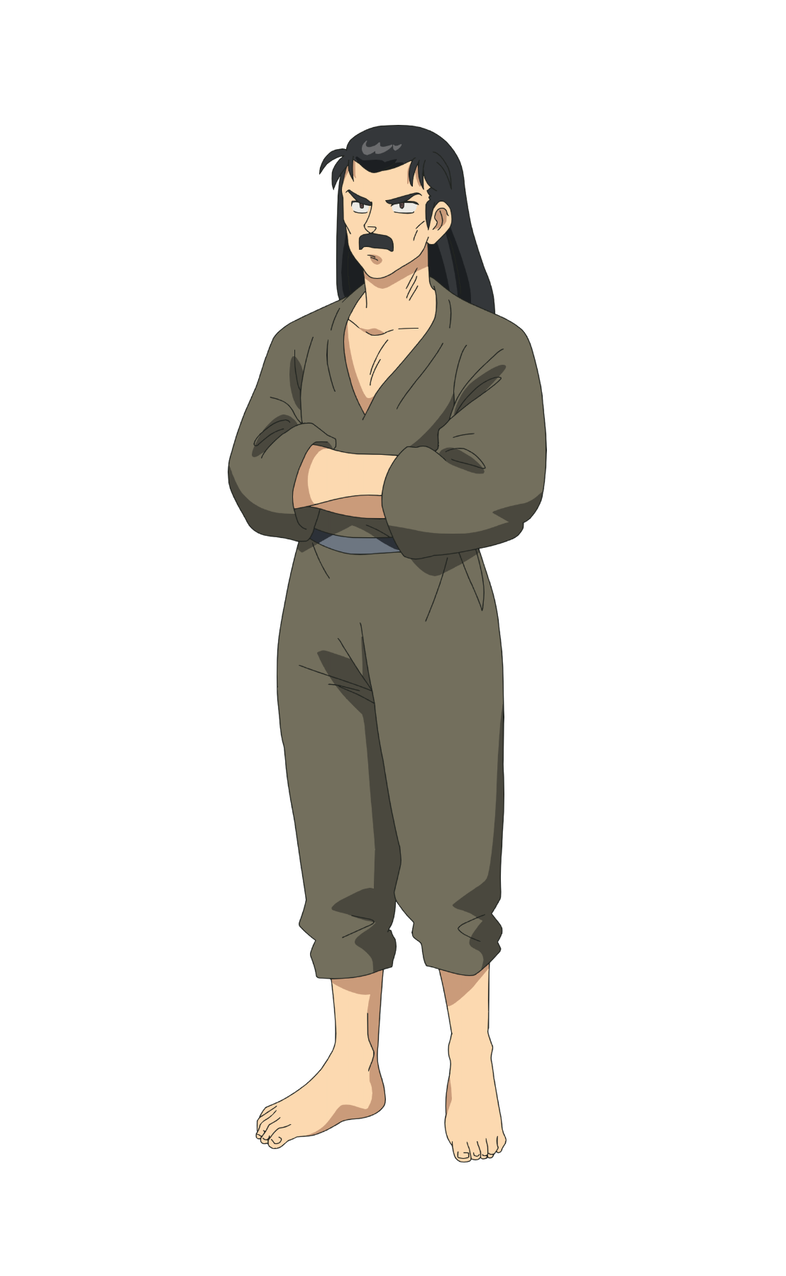 taniguchi hiromi, tendou souun, ranma 1/2, highres, official art, 1boy, anime coloring, barefoot, black eyes, black hair, closed mouth, collarbone, crossed arms, dougi, facial hair, full body, grey sash, hair slicked back, long hair, long sleeves, male focus, mature male, mustache, pants, pants rolled up, simple background, solo, standing, tachi-e, thick eyebrows, transparent background, v-shaped eyebrows