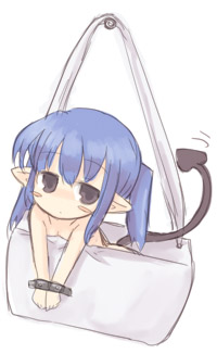 7010, lowres, bag, blue hair, mini person, minigirl, pointy ears, solo, tail