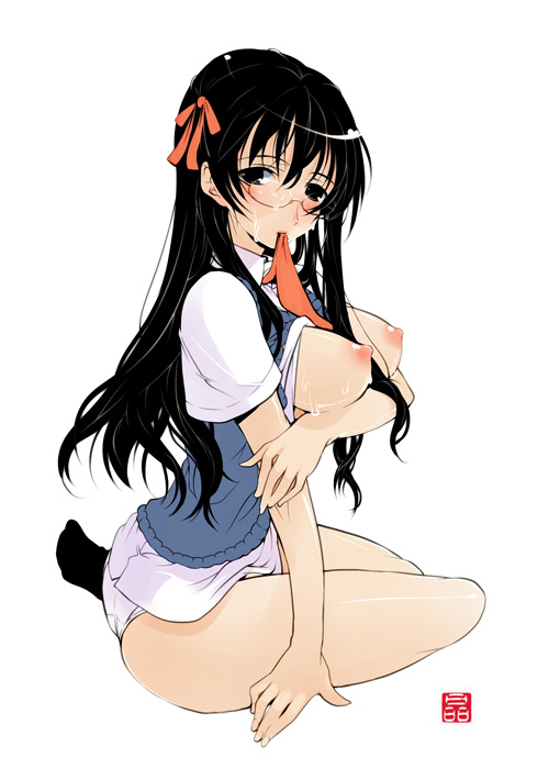 sonobe kazuaki, breast hold, 1girl, ass, between breasts, black eyes, black hair, breasts, clothes lift, cum, female focus, full body, glasses, hair ribbon, large breasts, long hair, looking back, mouth hold, nipples, no bra, no pants, panties, ribbon, school uniform, serafuku, shirt lift, simple background, sitting, socks, solo, sweat, sweater vest, thighs, underwear, white panties