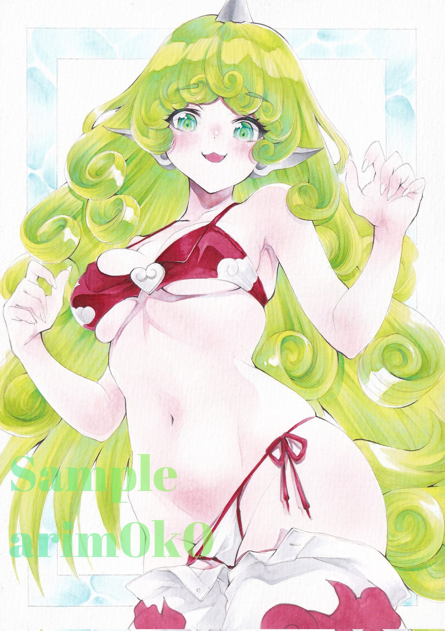 arim0k0, komano aunn, touhou, commentary request, highres, 1girl, :3, artist name, bikini, blush, breasts, clothes pull, cowboy shot, curly hair, green eyes, green hair, long hair, looking at viewer, medium breasts, mismatched bikini, navel, open mouth, red bikini, sample watermark, shorts, shorts pull, smile, solo, swimsuit, underboob, very long hair, watermark, white background, white bikini, white shorts