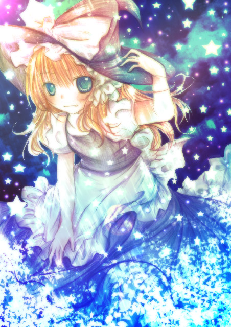 kasuga sunao, kirisame marisa, touhou, eyebrows, 1girl, apron, black hat, black skirt, black vest, blonde hair, blue eyes, blush, bow, female focus, frilled apron, frills, glowing, hand on headwear, hat, hat bow, long hair, looking at viewer, shirt, short sleeves, skirt, solo, star (symbol), vest, waist apron, white apron, white bow, white shirt, witch hat