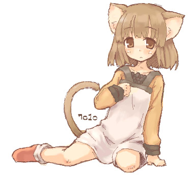 7010, lowres, 1girl, animal ears, blush, boots, brown eyes, brown hair, cat ears, cat girl, cat tail, dress, female focus, long sleeves, looking at viewer, oekaki, red boots, short dress, short hair, simple background, sitting, solo, tail, white background