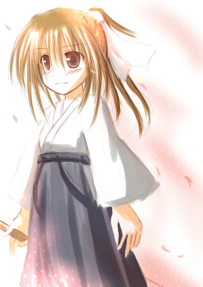 mashayuki, chiba kirino, bamboo blade, 00s, brown eyes, brown hair, hair ribbon, japanese clothes, ponytail, ribbon, sketch, solo