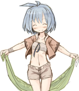 7010, lowres, ahoge, blue hair, blush, closed eyes, midriff, navel, solo