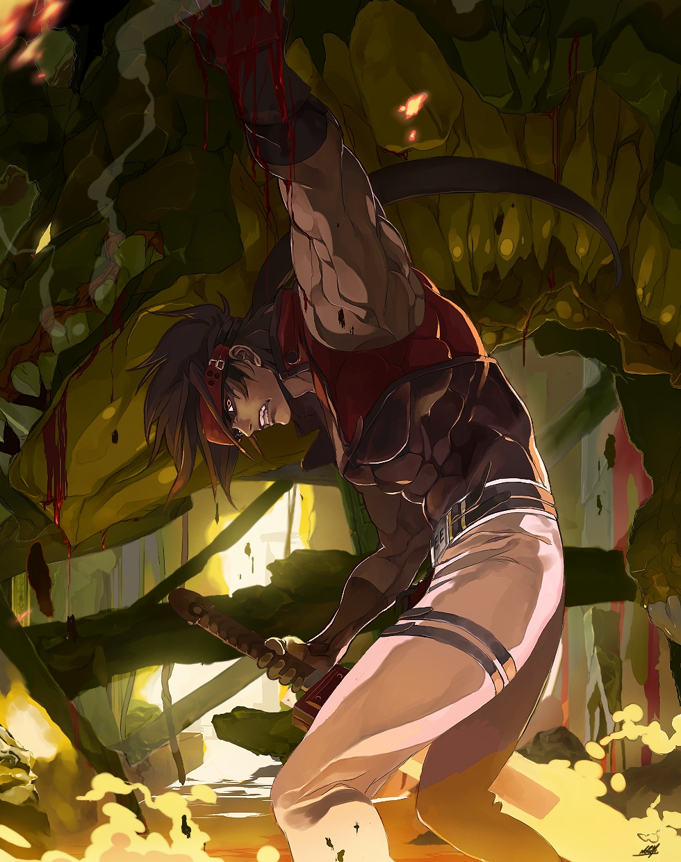 umi no manateii, sol badguy, arc system works, guilty gear, bad id, bad pixiv id, highres, 1boy, blood, fire, male focus, manly, solo, sword, weapon