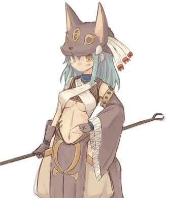 7010, anubis (mythology), lowres, 1girl, breasts, detached sleeves, female focus, green hair, hat, midriff, solo, staff, underboob, yellow eyes